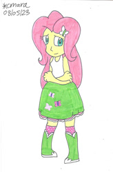 Size: 828x1263 | Tagged: safe, artist:cmara, fluttershy, human, equestria girls, g4, arms, boots, clothes, crossed arms, female, hairpin, happy, legs, long hair, simple background, skirt, sleeveless, smiling, socks, solo, tank top, teenager, white background