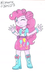 Size: 960x1543 | Tagged: safe, artist:cmara, pinkie pie, human, equestria girls, g4, arms, boots, bracelet, clothes, female, fingers, hand, happy, high heel boots, jewelry, legs, long hair, one eye closed, one eye open, shirt, simple background, skirt, smiling, solo, spread arms, teenager, vest, white background, wink