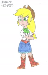 Size: 1070x1670 | Tagged: safe, artist:cmara, applejack, human, equestria girls, g4, arms, belt, boots, button-up shirt, clothes, cowboy hat, denim skirt, female, fingers, hand, happy, hat, high heel boots, legs, long hair, ponytail, shirt, short sleeves, simple background, skirt, smiling, solo, teenager, thumbs up, white background