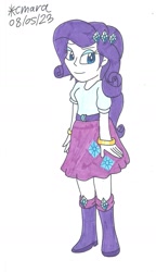 Size: 949x1643 | Tagged: safe, artist:cmara, rarity, human, equestria girls, g4, arms, belt, blouse, boots, bracelet, clothes, eyebrows, female, fingers, hairpin, hand, happy, high heel boots, jewelry, legs, long hair, makeup, raised eyebrow, simple background, skirt, smiling, solo, teenager, top, white background