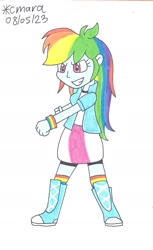 Size: 1015x1654 | Tagged: safe, artist:cmara, rainbow dash, human, equestria girls, g4, arms, boots, clothes, collar, female, fist, grin, hand, happy, legs, long hair, shirt, short sleeves, simple background, skirt, smiling, socks, solo, t-shirt, teenager, teeth, white background, wristband