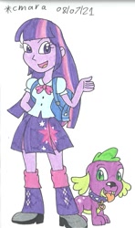 Size: 1009x1700 | Tagged: safe, artist:cmara, spike, twilight sparkle, dog, human, equestria girls, g4, 2021, arms, backpack, blouse, bowtie, clothes, duo, female, hand, happy, leg warmers, legs, long hair, male, open mouth, open smile, puffy sleeves, puppy, simple background, skirt, smiling, spike the dog, teenager, white background