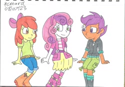 Size: 1700x1191 | Tagged: safe, artist:cmara, apple bloom, scootaloo, sweetie belle, human, equestria girls, g4, adorabloom, best friends, cute, cutealoo, cutie mark crusaders, diasweetes, female, simple background, traditional art, trio, trio female, white background