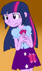 Size: 618x1030 | Tagged: safe, artist:cmara, twilight sparkle, alicorn, human, equestria girls, g4, anxious, arms, blouse, bowtie, clothes, concerned, female, fingers, frown, gradient background, hand, legs, long hair, nervous, puffy sleeves, skirt, solo, teenager, turned head, twilight sparkle (alicorn)