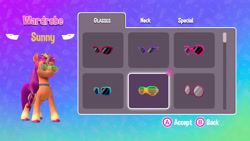 Size: 3840x2160 | Tagged: safe, sunny starscout, earth pony, pony, g5, my little pony: a zephyr heights mystery, official, 3d, abstract background, customization, female, game, mane stripe sunny, mare, screenshots, shutter shades, sunglasses, sunglasses on head, text, video game