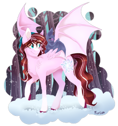 Size: 5196x5532 | Tagged: safe, artist:wallvie, oc, oc only, oc:sugarcoat swirl, bat, bat pony, pony, female, forest, hug, mare, nature, simple background, snow, snowfall, transparent background, tree