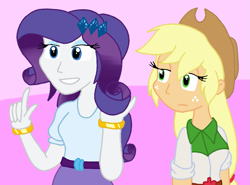 Size: 1125x834 | Tagged: safe, artist:cmara, applejack, rarity, human, equestria girls, g4, applejack's hat, arms, belt, bracelet, button-up shirt, clothes, cowboy hat, female, fingers, freckles, frown, hairpin, hand, happy, hat, jewelry, long hair, makeup, narrowed eyes, ponytail, shirt, short sleeves, skirt, smiling, teenager, teeth, top, turned head, unamused