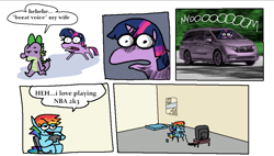 Size: 3029x1719 | Tagged: safe, artist:punkittdev, rainbow dash, spike, twilight sparkle, alicorn, dragon, pegasus, pony, g4, borat, car, comic, controller, dexterous hooves, dialogue, driving, female, hoof hold, horsecomix, male, mare, speech bubble, television, trio, twilight sparkle (alicorn), van