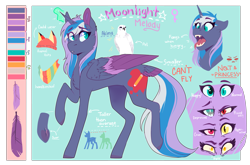 Size: 5517x3633 | Tagged: safe, artist:wallvie, oc, oc:moonlight melody (wallvie), alicorn, bird, falcon, pony, concave belly, fangs, female, mare, reference sheet, slender, solo, thin