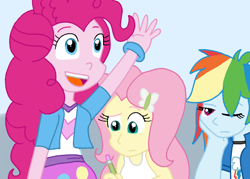 Size: 1152x827 | Tagged: safe, artist:cmara, fluttershy, pinkie pie, rainbow dash, human, equestria girls, g4, arms, bored, bracelet, clothes, collar, eyebrows, female, fingers, hand, hand on face, happy, jewelry, long hair, one eye closed, one eye open, open mouth, open smile, pencil, raised eyebrow, raised hand, shirt, short sleeves, skirt, sleeveless, smiling, t-shirt, tank top, teenager, teeth, vest
