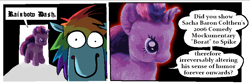 Size: 2600x867 | Tagged: safe, artist:punkittdev, rainbow dash, twilight sparkle, alicorn, pegasus, pony, g4, borat, comic, dialogue, duo, duo female, female, horsecomix, implied spike, mare, plushie, speech bubble, twilight sparkle (alicorn)