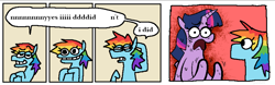 Size: 2544x798 | Tagged: safe, artist:punkittdev, rainbow dash, twilight sparkle, alicorn, pegasus, pony, g4, comic, dialogue, duo, duo female, female, grin, horsecomix, mare, nervous, nervous smile, open mouth, smiling, speech bubble, twilight sparkle (alicorn)