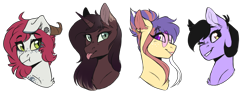 Size: 5617x2127 | Tagged: safe, artist:wallvie, oc, oc only, oc:faultx, oc:jade (sofienriquez), oc:kaya, oc:quilly inks, pony, unicorn, bust, female, horn, horns, mare, portrait, simple background, transparent background