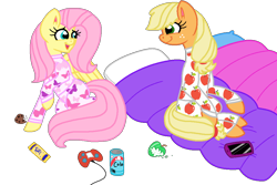 Size: 1000x669 | Tagged: safe, artist:rydersimmer, applejack, fluttershy, earth pony, pegasus, g4, clothes, duo, duo female, female, pajamas, simple background, sleepover, transparent background