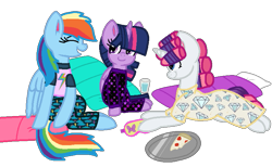 Size: 773x476 | Tagged: safe, artist:rydersimmer, rainbow dash, rarity, twilight sparkle, alicorn, pegasus, pony, unicorn, g4, clothes, female, food, horn, pajamas, pizza, simple background, sleepover, transparent background, twilight sparkle (alicorn)