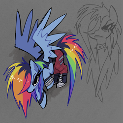 Size: 2086x2086 | Tagged: safe, artist:syrupyyy, rainbow dash, pegasus, pony, g4, alternate design, alternate eye color, alternate hair color, alternate hairstyle, belt, big eyes, black sclera, blue coat, bracelet, choker, clothes, collar, converse, duality, dyed mane, dyed tail, female, flying, frown, gray background, hair over one eye, high res, in air, jewelry, lidded eyes, long eyelashes, long mane, long tail, looking at you, mare, messy mane, messy tail, multicolored hair, multicolored mane, multicolored tail, narrowed eyes, no mouth, pants, punk, rainbow hair, rainbow punk, rainbow tail, raised hoof, shiny mane, shiny tail, shoes, simple background, sketch, sneakers, solo, spiked choker, spiked collar, spread wings, studded bracelet, tail, tank top, thick eyelashes, wall of tags, wingding eyes, wings, wings down