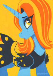 Size: 2918x4144 | Tagged: safe, artist:dandy, sassy saddles, pony, unicorn, g4, acrylic painting, clothes, dress, eye clipping through hair, female, high res, horn, lidded eyes, limited palette, lineless, looking at you, mare, saddle, simple background, solo, tack, traditional art, turned head, yellow background