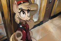 Size: 768x512 | Tagged: safe, artist:yidwags, oc, oc only, oc:belle hop, earth pony, pony, bellhop, cigarette, eye clipping through hair, eyebrows, eyebrows visible through hair, female, high angle, looking up, mare, solo