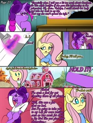 Size: 2000x2643 | Tagged: safe, artist:bestponies, fluttershy, oc, oc:violet drop, goo, goo pony, monster pony, original species, pegasus, pony, comic:nurses take over, g4, clothes, comic, comic panel, dialogue, eyes closed, female, high res, hospital, magic, mare, open mouth, picture, sitting, speech bubble, telekinesis