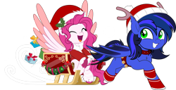 Size: 5009x2571 | Tagged: safe, artist:jhayarr23, oc, oc only, oc:guard cobalt flash, oc:storm cloud, bat pony, pegasus, antlers, christmas, commission, hat, holiday, present, reindeer antlers, santa hat, simple background, sleigh, smiling, transparent background, ych result