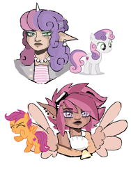 Size: 3581x4770 | Tagged: safe, artist:linatron, scootaloo, sweetie belle, human, g4, bust, cutie mark crusaders, horn, horned humanization, humanized, portrait, simple background, white background, winged humanization, wings