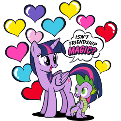 Size: 2048x2048 | Tagged: safe, spike, twilight sparkle, alicorn, dragon, pony, g4, official, black outlines, design, dialogue, duo, duo male and female, female, floating heart, folded wings, friendship, happy, heart, male, mare, open mouth, open smile, partially transparent background, simple background, smiling, speech bubble, talking, transparent background, twilight sparkle (alicorn), vector, wings, zazzle