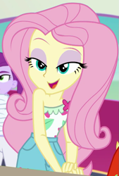 Size: 611x903 | Tagged: safe, edit, edited screencap, screencap, fluttershy, human, equestria girls, equestria girls specials, g4, my little pony equestria girls: better together, my little pony equestria girls: spring breakdown, bare shoulders, bedroom eyes, clothes, cropped, eyeshadow, female, flutterbeautiful, makeup, missing accessory, pants, solo focus, summer outfit