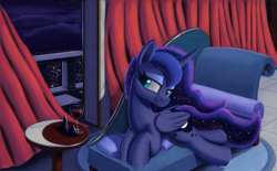 Size: 3193x1975 | Tagged: safe, artist:maretian, princess luna, alicorn, pony, g4, alcohol, canterlot, city, cityscape, cloud, couch, crown, curtains, drink, ethereal mane, eyebrows, fainting couch, female, glass, jewelry, lying down, mare, missing accessory, night, night sky, open window, raised eyebrow, regalia, rug, sky, smiling, solo, starry mane, table, wind, window, wine, wine glass
