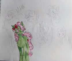 Size: 2113x1800 | Tagged: safe, artist:youssoupoff, florina tart, earth pony, pony, g4, apple family member, blushing, bow, chest fluff, dialogue, hair bow, knee swirl, open mouth, smiling, solo, speech bubble, tail, traditional art