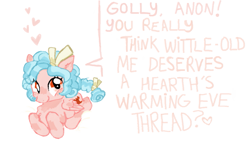 Size: 1249x746 | Tagged: safe, artist:youssoupoff, cozy glow, pegasus, pony, g4, /mlp/, 4chan, chest fluff, dialogue, female, filly, floating heart, foal, folded wings, freckles, heart, implied anon, lying down, prone, simple background, smiling, solo, speech bubble, tail, talking to viewer, white background, wings