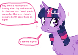 Size: 1434x1014 | Tagged: safe, artist:youssoupoff, twilight sparkle, alicorn, pony, g4, chest fluff, dialogue, doodle, encouragement, female, horn, looking at you, mare, positive ponies, requested art, simple background, smiling, smiling at you, solo, sparkles, speech bubble, talking to viewer, twilight sparkle (alicorn), white background