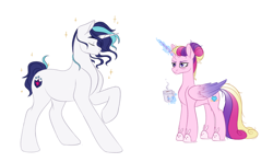 Size: 1540x910 | Tagged: safe, artist:vetta, princess cadance, shining armor, alicorn, pony, unicorn, g4, alternate hairstyle, bags under eyes, bunny slippers, cadance is not amused, clothes, coffee mug, concave belly, duo, duo male and female, fabulous, female, folded wings, glowing, glowing horn, hair bun, height difference, horn, levitation, magic, male, mare, meme, mug, physique difference, role reversal, short mane, short tail, simple background, slender, slippers, sparkles, stallion, tail, telekinesis, the bride and the ugly ass groom, thin, unamused, white background, wings