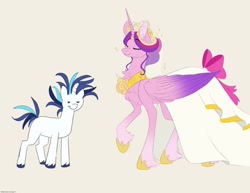 Size: 2048x1582 | Tagged: safe, artist:thatonechocogirl, princess cadance, shining armor, alicorn, pony, unicorn, g4, clothes, dress, duo, duo male and female, eyes closed, female, hoof fluff, horn, large wings, male, mare, meme, messy mane, missing cutie mark, raised hoof, simple background, size difference, slender, stallion, tall, the bride and the ugly ass groom, thin, wedding dress, wings
