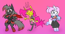 Size: 1900x1000 | Tagged: safe, artist:rubyrelax, oc, oc only, oc:blood stain, oc:heavy weather, oc:twister pop, earth pony, snail, unicorn, anthro, unguligrade anthro, armor, clothes, dress, glasses, gradient background, hand on hip, horn, shirt, shorts, socks, sword, weapon