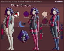 Size: 2500x2000 | Tagged: safe, artist:devillustart, oc, oc:cipher shadow(fireverse), human, equestria girls, g4, clothes, fireheart76's latex suit design, gloves, humanized, humanized oc, latex, latex boots, latex gloves, latex suit, prisoners of the moon, reference sheet, rubber, rubber gloves, rubber suit