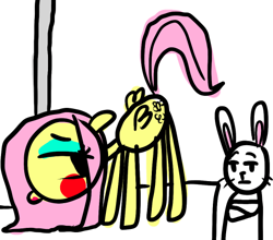 Size: 495x436 | Tagged: artist needed, safe, angel bunny, fluttershy, pegasus, pony, rabbit, g4, 1000 hours in ms paint, animal, blushing, drawing, female, mare, pole dancing, presenting, stripper pole