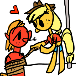 Size: 488x491 | Tagged: artist needed, safe, applejack, big macintosh, earth pony, pony, g4, applecest, brother and sister, drawing, female, hat, incest, male, mare, pole dancing, rope, ship:applemac, shipping, siblings, stallion, straight, stripper pole, tied up