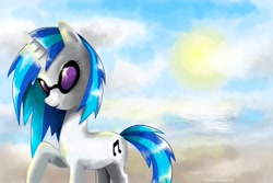 Size: 1500x1000 | Tagged: dead source, safe, artist:art-surgery, dj pon-3, vinyl scratch, pony, unicorn, g4, beach, cloud, day, female, horn, solo, summer, sun