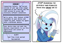 Size: 2200x1516 | Tagged: safe, artist:chopsticks, trixie, human, equestria girls, g4, 2 panel comic, accessory swap, cellphone, clothes, comic, dialogue, ear piercing, earring, female, jewelry, phone, piercing, smartphone, solo, stray strand, text, trixie is not amused, unamused