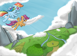 Size: 1980x1443 | Tagged: dead source, safe, artist:speccysy, rainbow dash, scootaloo, pegasus, pony, g4, butt, duo, female, filly, flying, foal, mare, plot, scootaloo can fly, scootalove, siblings, sisters, wings