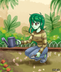 Size: 1600x1900 | Tagged: safe, artist:zachc, wallflower blush, human, equestria girls, g4, breasts, clothes, cute, female, flower, flowerbetes, garden, nature, shirt, smiling, solo, squatting, striped shirt, trowel, watering can