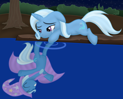 Size: 1050x850 | Tagged: safe, artist:zonra, trixie, pony, unicorn, g4, bipedal, crying, female, horn, mare, night, reflection, sad, solo, the sad and depressive trixie, tree, water