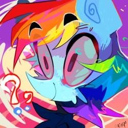 Size: 1000x1000 | Tagged: safe, artist:mrlucifer, rainbow dash, pegasus, pony, g4, bust, cheek fluff, colorful, eye clipping through hair, eyebrows, eyebrows visible through hair, female, mare, question mark, signature, smiling, solo