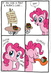 Size: 555x799 | Tagged: safe, artist:kturtle, pinkie pie, earth pony, pony, g4, comic, female, hilarious in hindsight, mare, pinkie being pinkie, rubik's cube, solo, tongue out