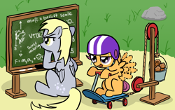 Size: 1100x690 | Tagged: safe, artist:lightbulb, derpy hooves, scootaloo, pegasus, pony, g4, belly, bucket, chalkboard, fancy mathematics, female, flying contraption, flying lesson, food, helmet, mare, math, muffin, science, scootaloo can't fly, scooter, sweat, this will end in tears
