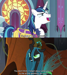 Size: 1280x1440 | Tagged: safe, edit, edited screencap, editor:jaredking779, screencap, queen chrysalis, shining armor, changeling, changeling queen, pony, unicorn, g4, season 9, sparkle's seven, the beginning of the end, banner, canterlot, caption, confrontation, duo, eyebrows, female, horn, male, raised eyebrow, stained glass, stallion, text
