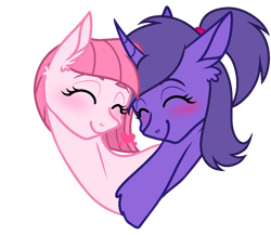 Size: 1000x867 | Tagged: safe, artist:lilith1light, artist:muhammad yunus, oc, oc only, oc:annisa trihapsari, oc:violetta cuddles belle, earth pony, pony, unicorn, base used, blushing, duo, duo female, eyes closed, eyeshadow, female, happy, horn, lesbian, makeup, ponytail, simple background, smiling, transparent background