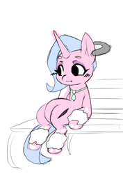 Size: 744x1052 | Tagged: safe, artist:chiefywiffy, oc, oc:chiefy, unicorn, belly, clothes, ear piercing, horn, leg warmers, necktie, piercing, simple background, sitting, solo, white background
