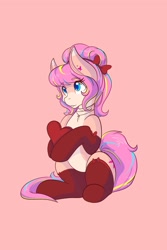 Size: 1365x2048 | Tagged: safe, artist:mscolorsplash, oc, oc only, oc:bijou butterfly, earth pony, pony, bow, clothes, colored pupils, eyebrows, eyebrows visible through hair, female, hair bow, heart, jewelry, mare, necklace, pale belly, pink background, simple background, sitting, sitting up, solo, stockings, thigh highs