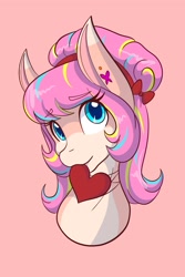 Size: 1365x2048 | Tagged: safe, artist:mscolorsplash, oc, oc only, oc:bijou butterfly, earth pony, pony, bow, bust, coat markings, colored pupils, eyebrows, eyebrows visible through hair, female, hair bow, hairband, heart, looking at you, mare, pink background, simple background, smiling, smiling at you, solo